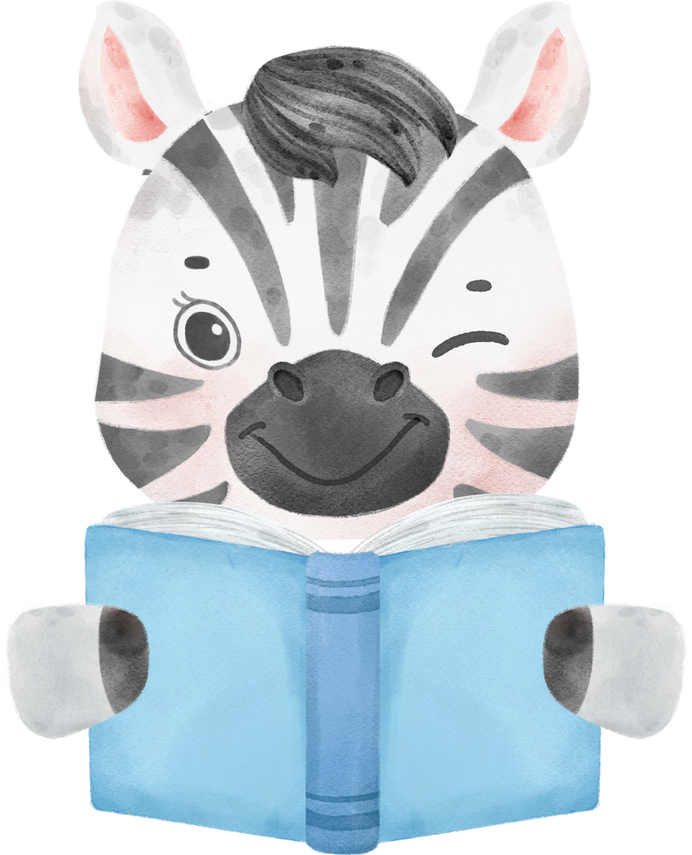 cute watercolor safari zebra animals kid back to school reading book cartoon