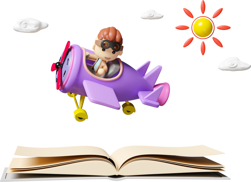 child pilot character with open book, pilot glasses, propeller plane on the airport isolated. back to school, education concept, 3d render illustration