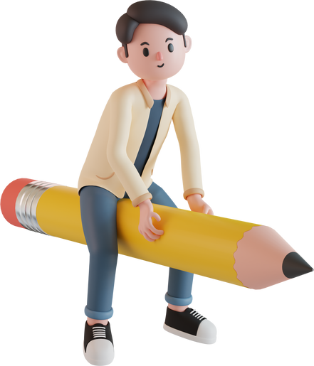 male character riding pencil 3d illustration